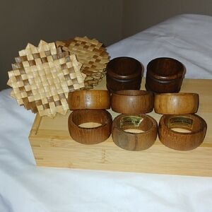 6 Burma Teak Wood Napkin Rings 12 Woven Coasters and 2 Unbranded Napkin Rings